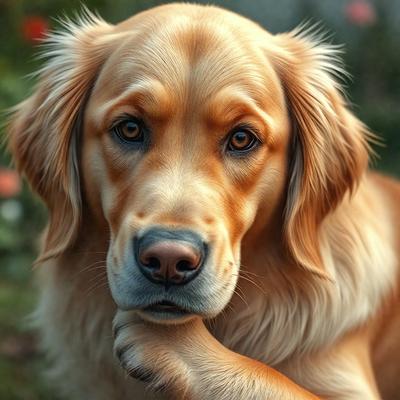 The primary subject of the image is a large, fluffy, and brown dog with a pensive expression. The dog is sitting in a grassy area, possibly in a park or a garden. The visual style of the image is a close-up of the dog's face, which adds to the pensive atmosphere. The colors in the image are predominantly shades of brown and green, which contribute to the overall mood of the scene.